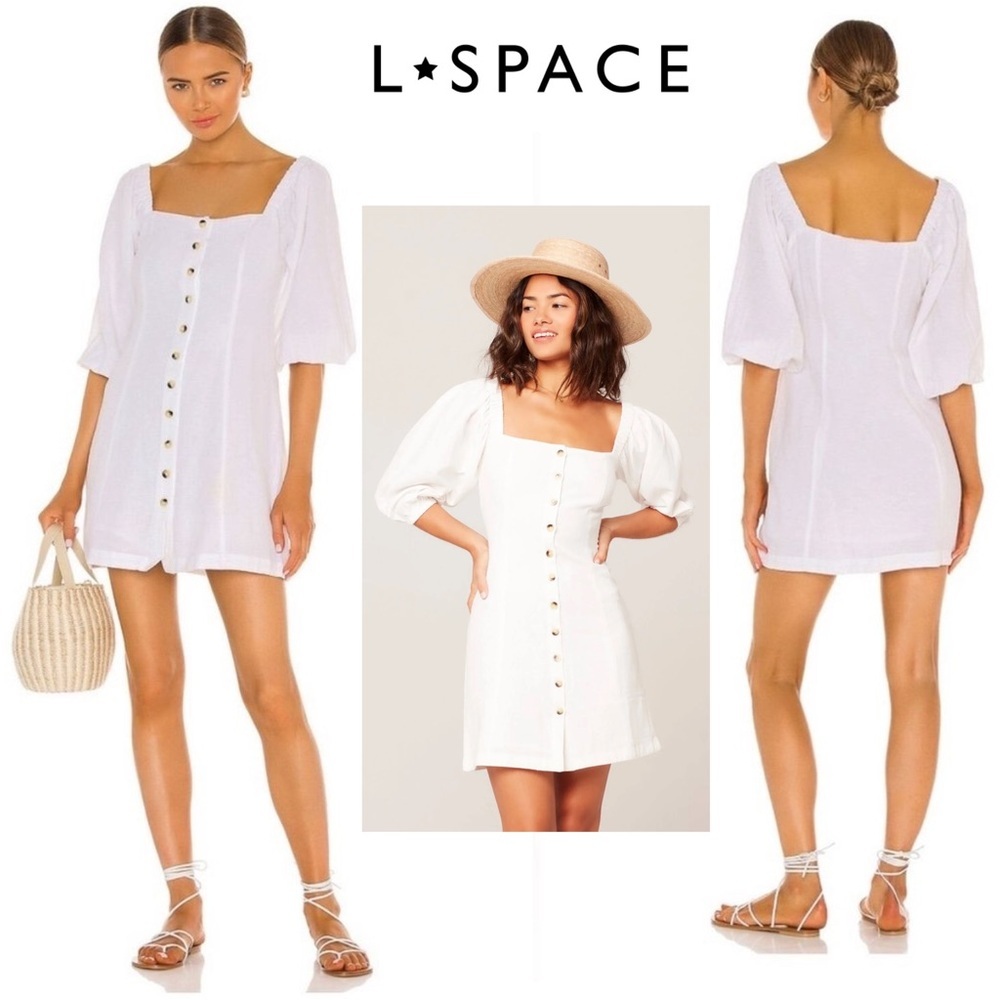 L*SPACE Linen Marina Dress White Mini Puff Cinched Sleeves Square Neck Poplin M